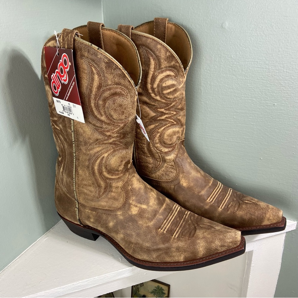 New NWT Dingo DI5112 Men's 11 Cracked Western Tan Pointed Cowboy Boots Leather